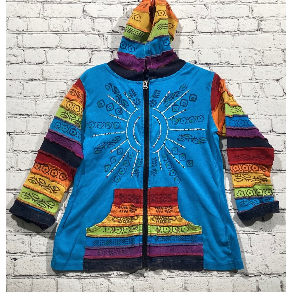 Nepal Cotton Rainbow Patchwork Boho Sun Zip Up Hoodie Small Blue Multi